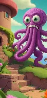 A whimsical purple octopus near a tower in a colorful cartoon setting.