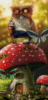 Magical owl on a mushroom house with butterflies fluttering around.