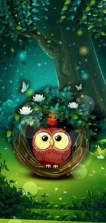 Whimsical owl forest wallpaper with butterflies and lush greenery.