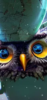 Owl nestled between two turquoise teacups in an abstract art style wallpaper.