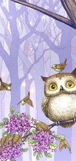 Owl perched on a branch in an enchanted forest with birds and purple hues.