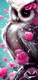 Whimsical owl adorned with pink roses against a teal background.