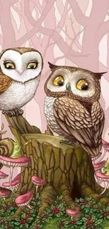 Whimsical owls sit on a tree stump in an enchanted forest.