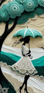 Silhouette of a woman with umbrella in artistic paper landscape.