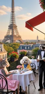 Animals in attire having tea with Eiffel Tower view.