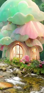 Whimsical pastel house with clouds in nature scene.