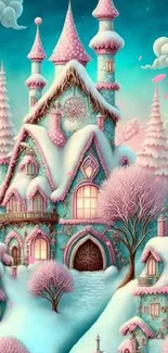 Whimsical pastel fantasy castle in a winter wonderland.