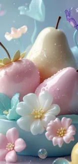 Dreamy pastel fruits and flowers art wallpaper.