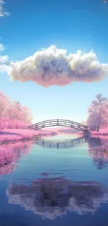 Enchanting pastel landscape with bridge and cloud reflecting on a calm river.