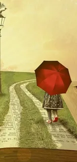 Surreal wallpaper with girl and red umbrella on a book path.