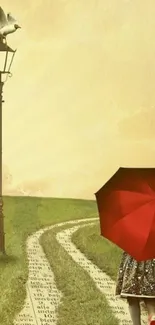 Whimsical scene with girl and red umbrella on pathway.