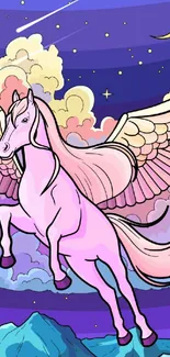 Fantasy pegasus flying in a colorful night sky with clouds.