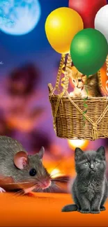 Cute kitten and mouse in balloon basket on vibrant night wallpaper.