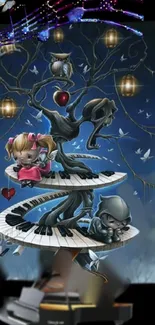 Whimsical tree with spiral piano in fantasy art wallpaper.