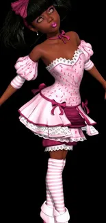 Pink anime doll in layered dress on wallpaper.