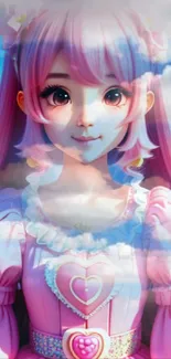 Anime character with pink hair and clouds in a fantasy setting.