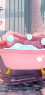 Whimsical pink bathtub with pastel clouds.