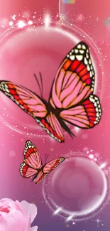 Pink butterfly and bubble artwork wallpaper.