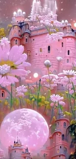 Whimsical pink castle in a dreamy floral landscape.