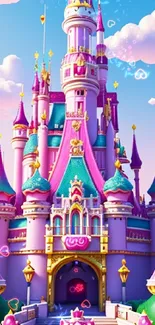 A vibrant pink castle with whimsical turrets under dreamy clouds.