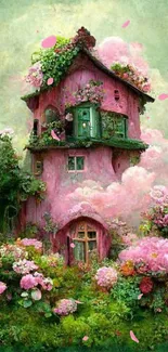 Enchanted pink cottage surrounded by lush garden and blooming flowers in fantasy setting.