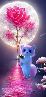 Cute blue creature under a pink moon with vibrant flowers.