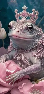 Whimsical pink frog with crown and flowers mobile wallpaper.