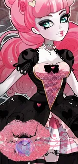 Illustration of a character with pink hair and gothic attire, designed for mobile wallpaper.