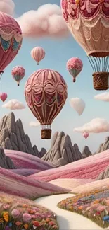Whimsical scene of pink hot air balloons floating over pastel hills and flowers.