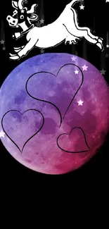 Whimsical cow jumping over a pink and purple moon with heart shapes.