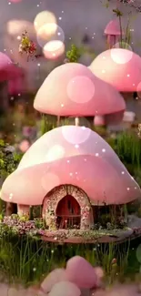 Whimsical pink mushroom village with charming scenery