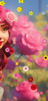 Whimsical animated scene with pink roses and characters in a garden.