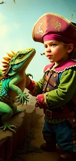 Whimsical pirate adventure with child and lizard in fantasy setting.