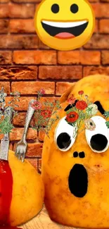 Whimsical potato characters with expressive features on a brick background.