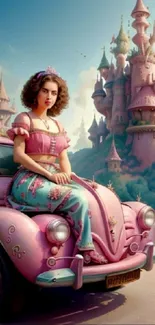 Fantasy princess on pink car by castle.