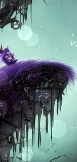 Whimsical purple cat on a mystical cliff.