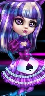 Gothic cartoon character in purple dress with vibrant colors on a dark background.