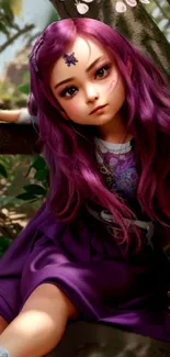 Whimsical fantasy art of a girl with purple hair in a forest.