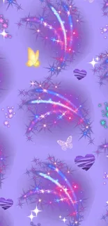 Purple wallpaper with colorful streaks, butterflies, and hearts.