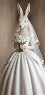 Whimsical rabbit bride in an elegant gown, mobile wallpaper.