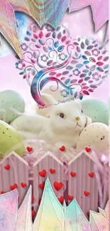 Whimsical wallpaper with a rabbit and heart design in pastel colors.