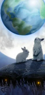 Two rabbits on rock under giant Earth against glowing moon.