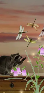 Wallpaper with raccoon and dragonflies in a sunset scene.