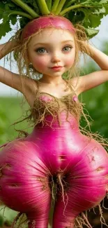 Whimsical radish doll art with green leaves