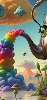 Whimsical scene with a teapot pouring a colorful rainbow in a fantasy landscape.