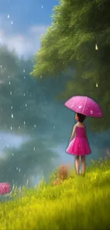 Child with pink umbrella in a rainy green landscape.