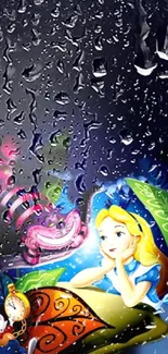 Fantasy scene with characters under rain on a colorful wallpaper.