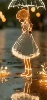 Whimsical rainy night with glowing silhouette artistry.