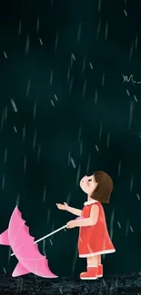 Girl with pink umbrella under rain at night in artistic wallpaper.