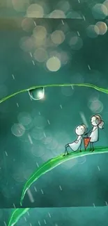 Whimsical illustration of two cartoon figures on a leaf with raindrops falling.